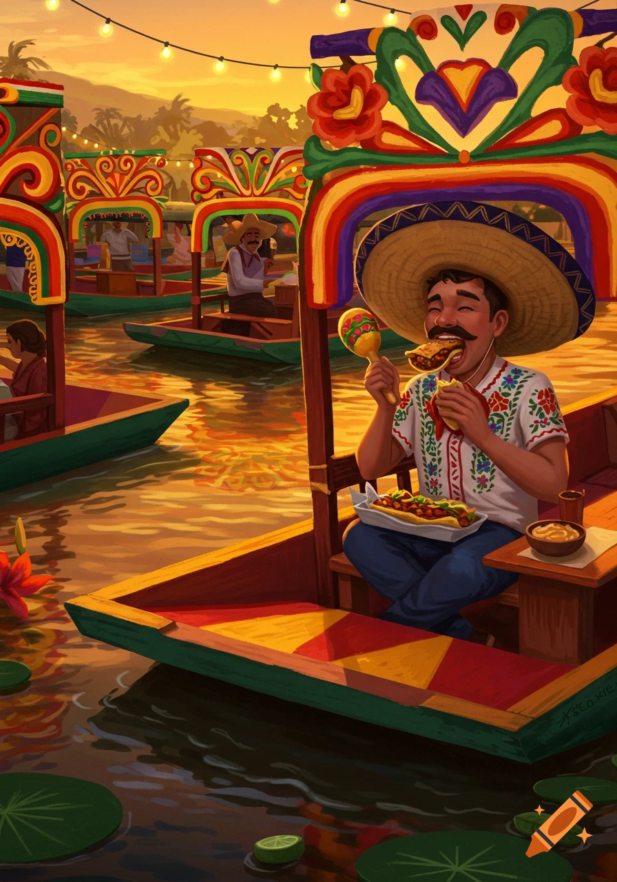 Illustrated Mexican man in a sombrero eating a taco on a colorful trajinera boat at sunset.