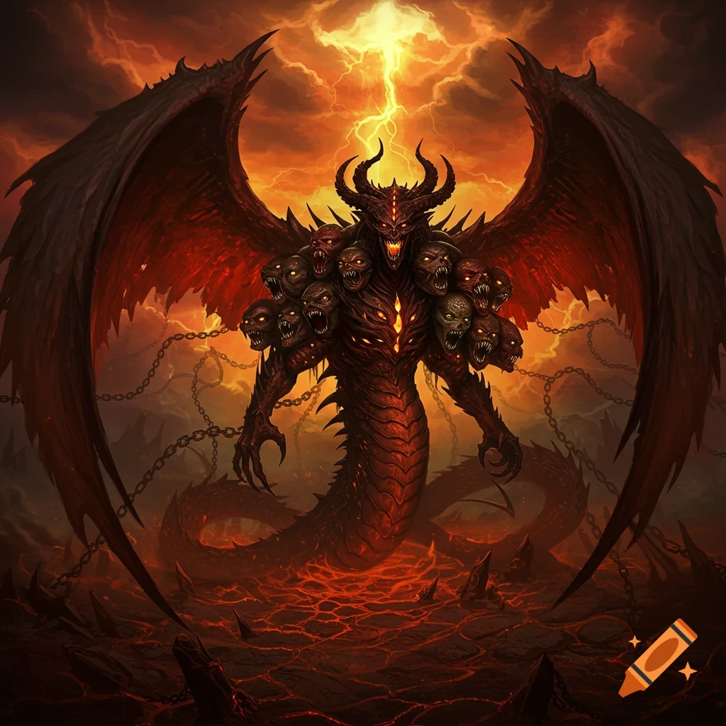 A terrifying, multi-headed demon with large wings stands in a fiery, lava-filled landscape under a stormy, lightning-filled sky.