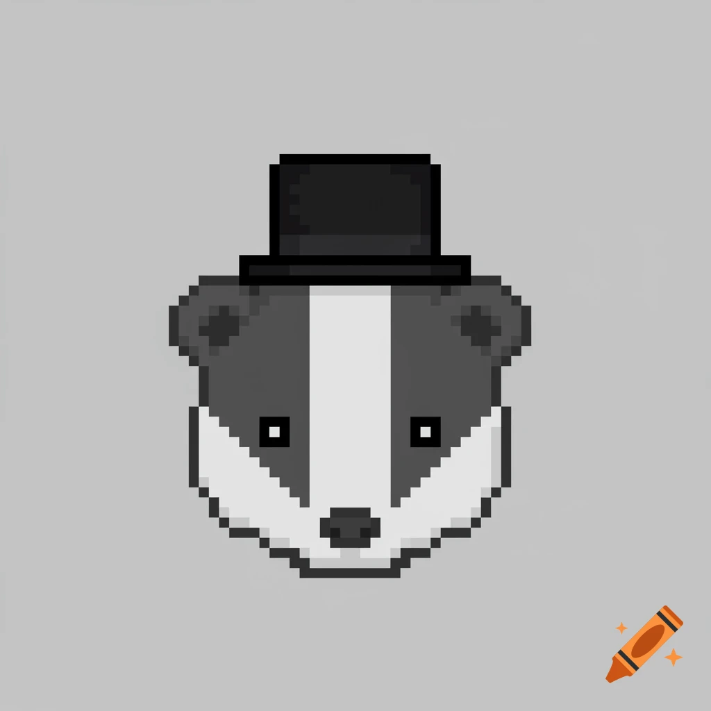 A pixelated badger head in black, white, and gray, wearing a black top hat.