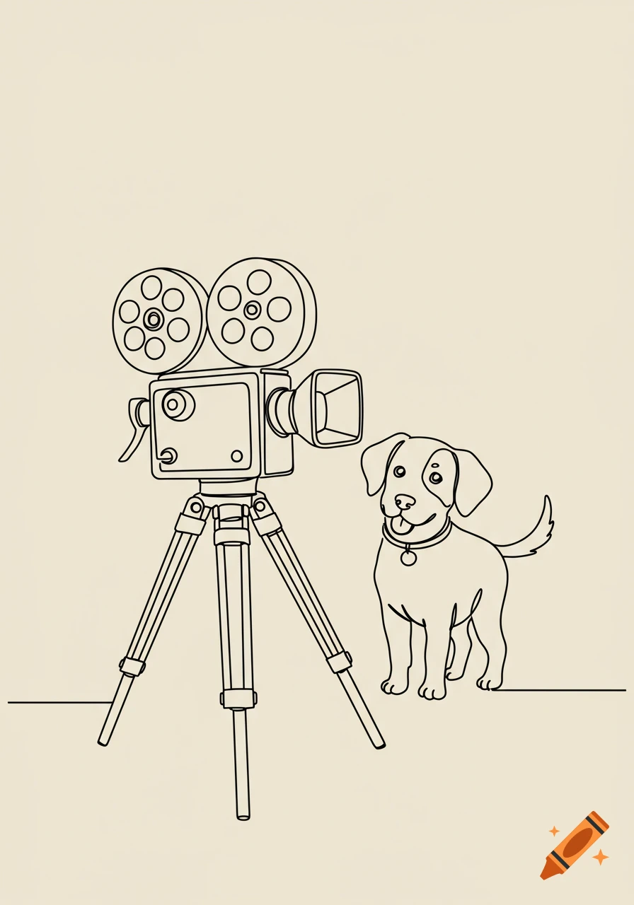 Line drawing of a happy dog standing next to a vintage movie camera.