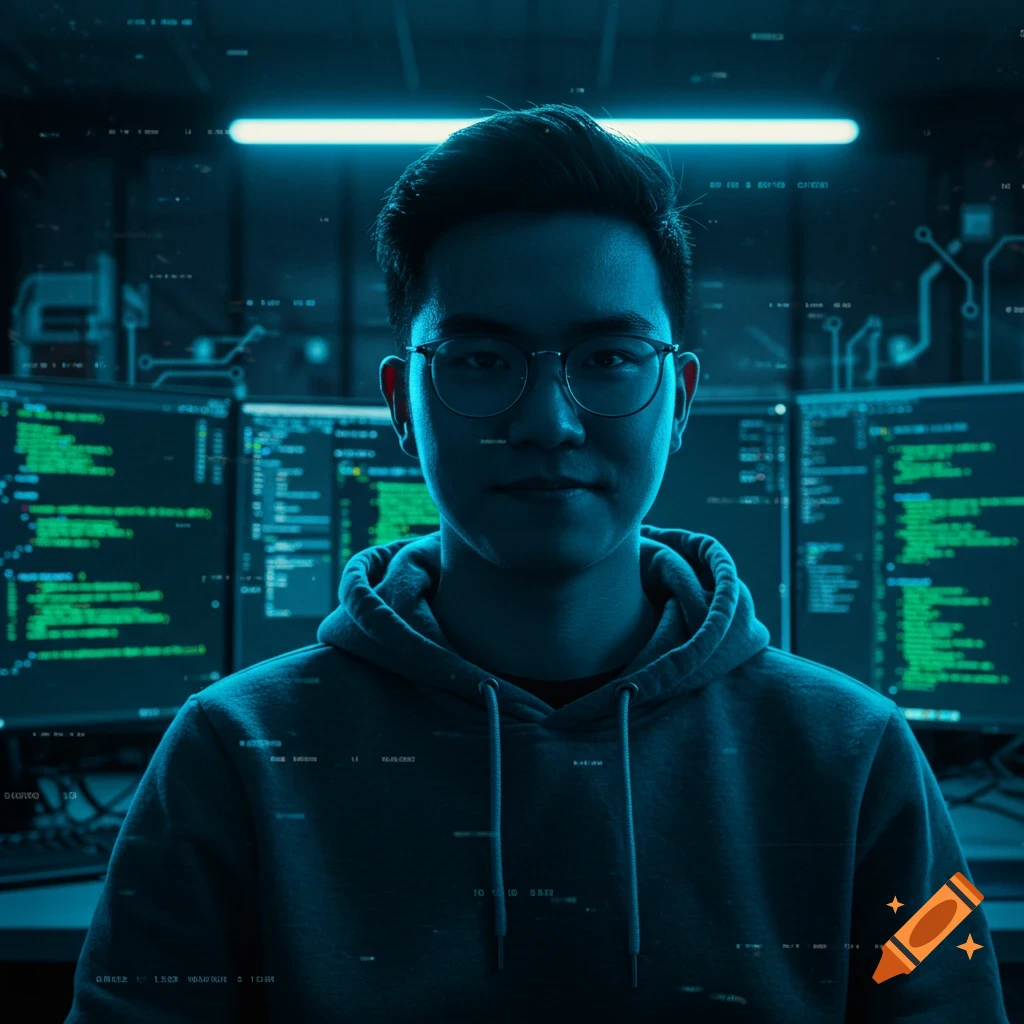 A young Asian man in glasses and a hoodie sits in a dark room, illuminated by blue light from multiple computer screens displaying green code.