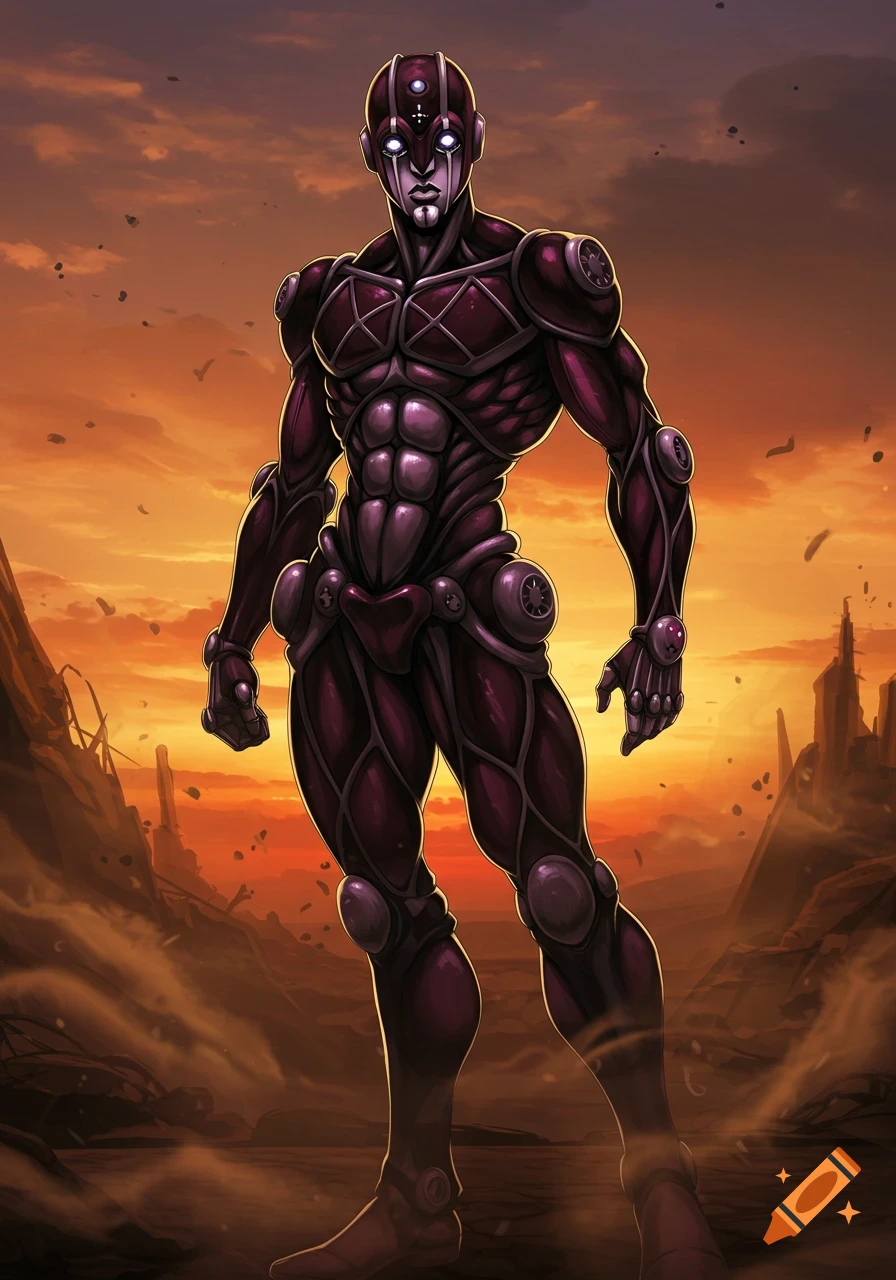 A full-body illustration of King Crimson, a muscular, stylized humanoid figure with dark red and purple skin and glowing white eyes, standing against a desolate orange sky.