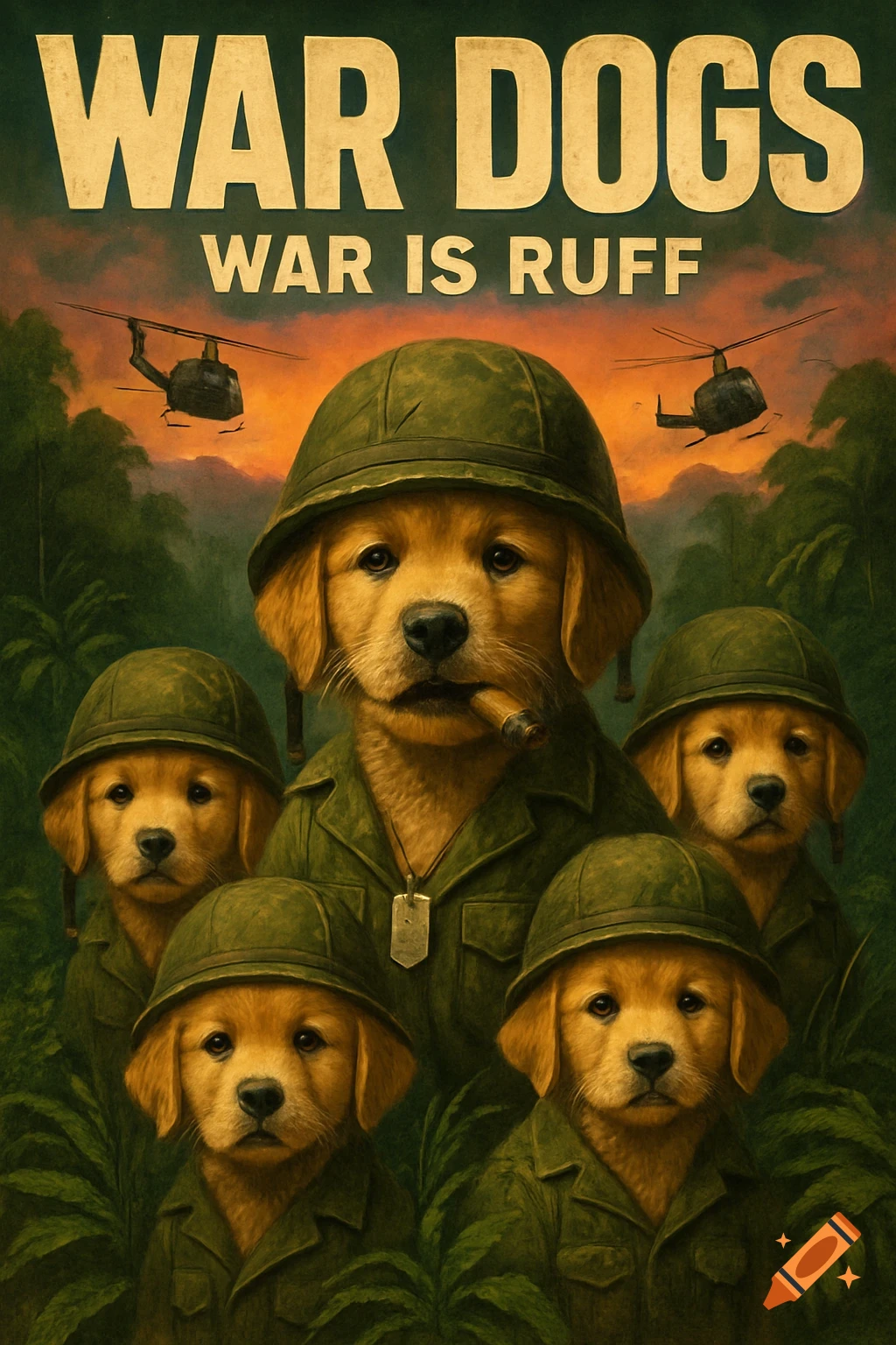 A movie poster for 'WAR DOGS' showing golden retriever puppies dressed as Vietnam War soldiers in a jungle, with helicopters and the tagline 'WAR IS RUFF'.