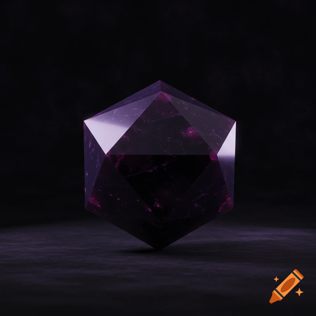 A dark purple faceted crystal or gemstone on a dark surface against a black background.