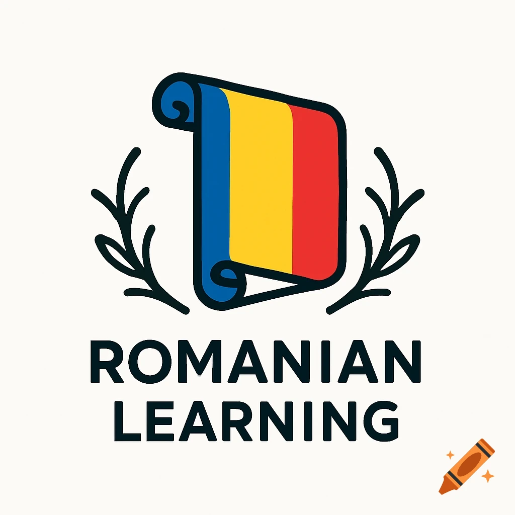 A logo for Romanian Learning, featuring a scroll with the Romanian flag colors and laurel branches, and the text 'ROMANIAN LEARNING'.