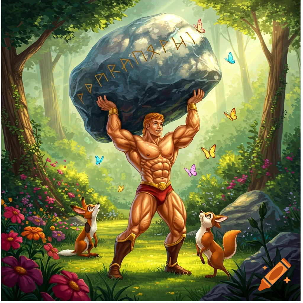 A muscular, cartoon-style man, reminiscent of Hercules, wearing red trunks, lifts a large rock with illegible runes over his head in a lush forest with flowers, butterflies, and two foxes.