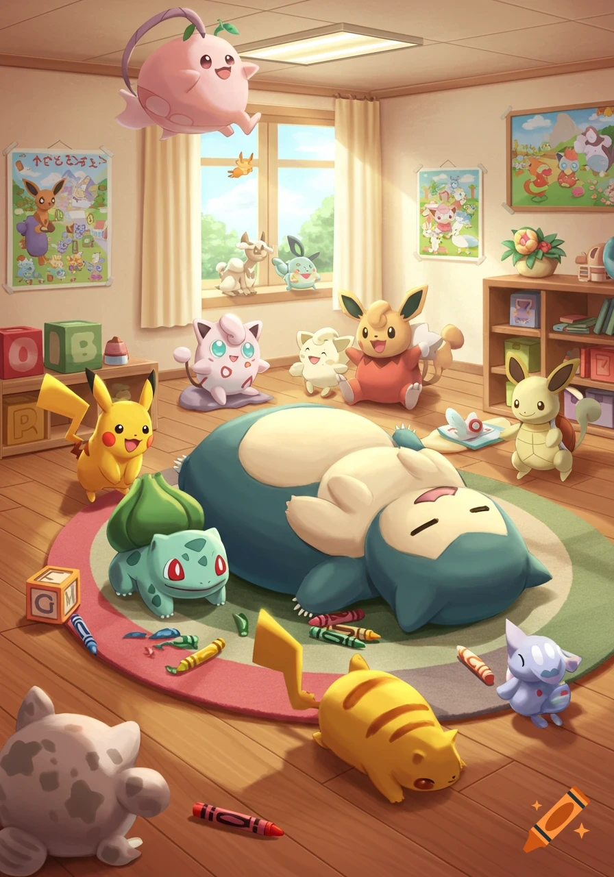 A colorful cartoon illustration of various Pokemon characters playing in a bright kindergarten classroom. Snorlax naps on a rug surrounded by crayons, while Pikachu, Bulbasaur, Jigglypuff, Eevee, and others play with blocks and toys. Cleffa floats near the ceiling, and other Pokemon are visible near the windows and bookshelves.
