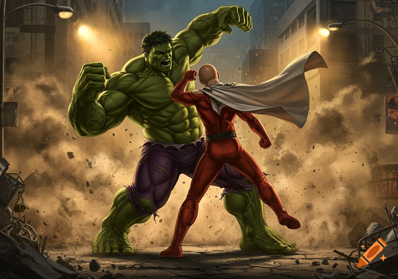The Hulk and One-Punch Man in a dynamic fight pose in a destroyed city street, surrounded by dust and debris.