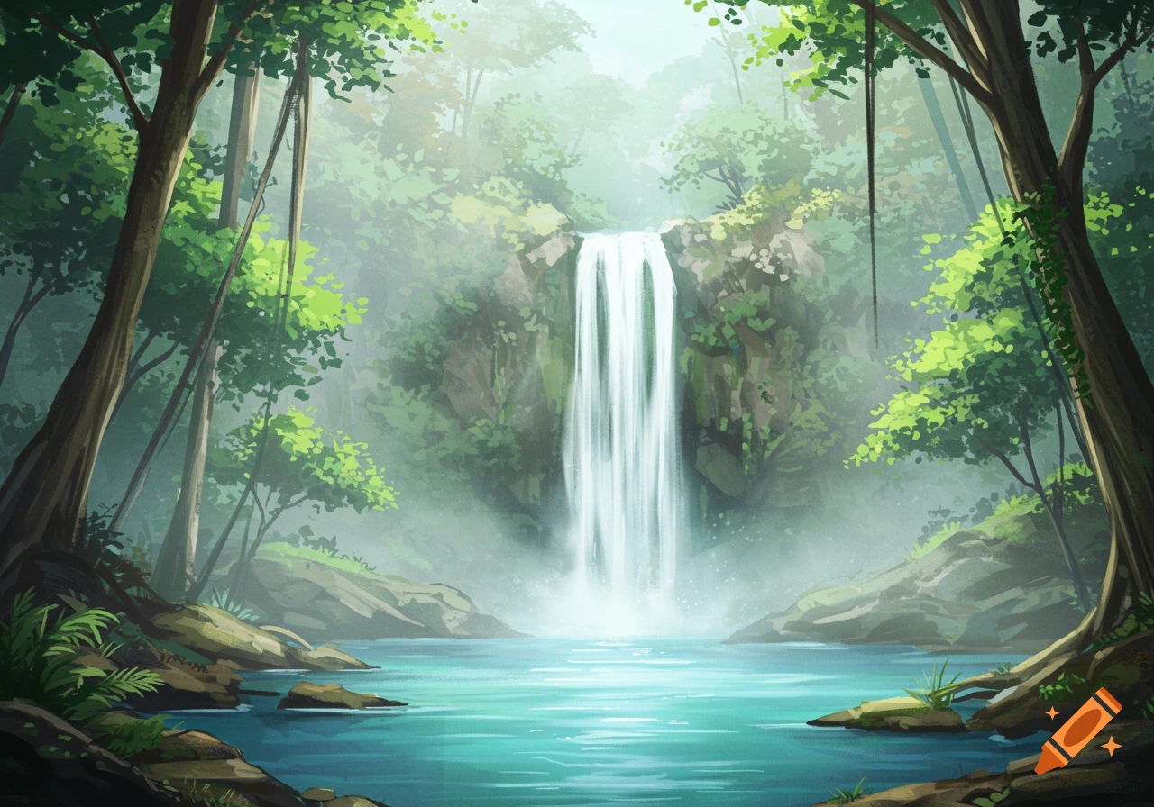 A lush, green tropical forest with a majestic waterfall cascading into a clear blue pool, depicted in a painterly style.