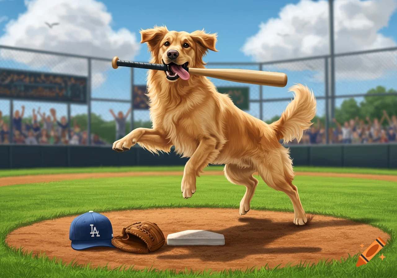 A golden retriever dog leaping on a baseball field with a bat in its mouth, a blue baseball cap and glove nearby.