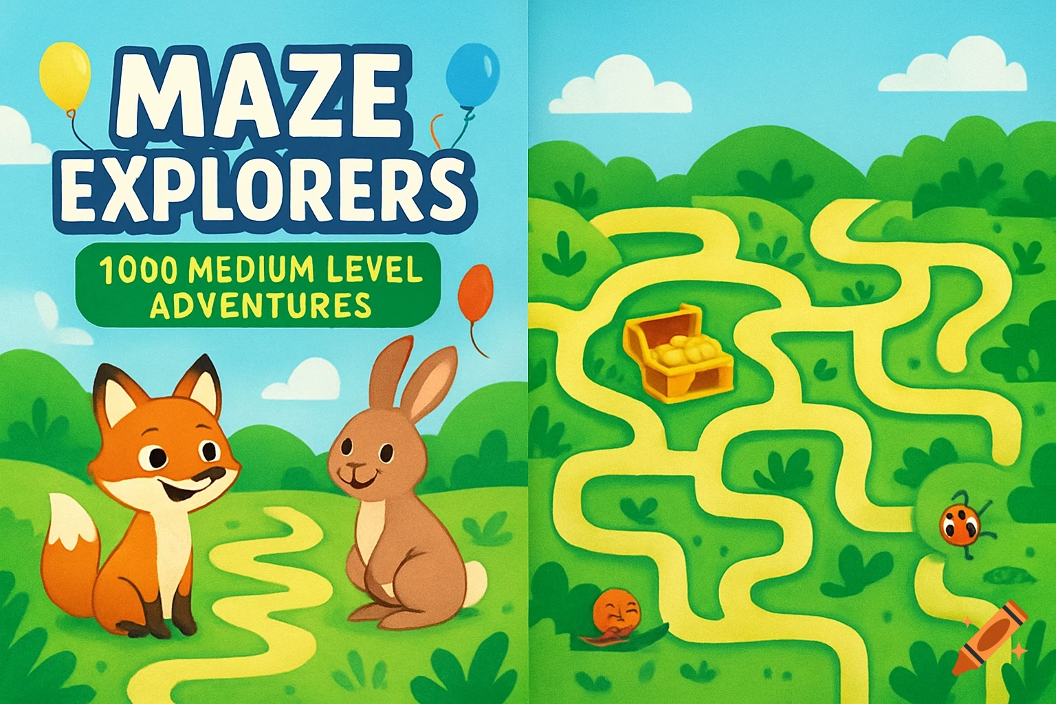Cartoon book cover for 'Maze Explorers' with a fox and bunny, and a maze on a green landscape.