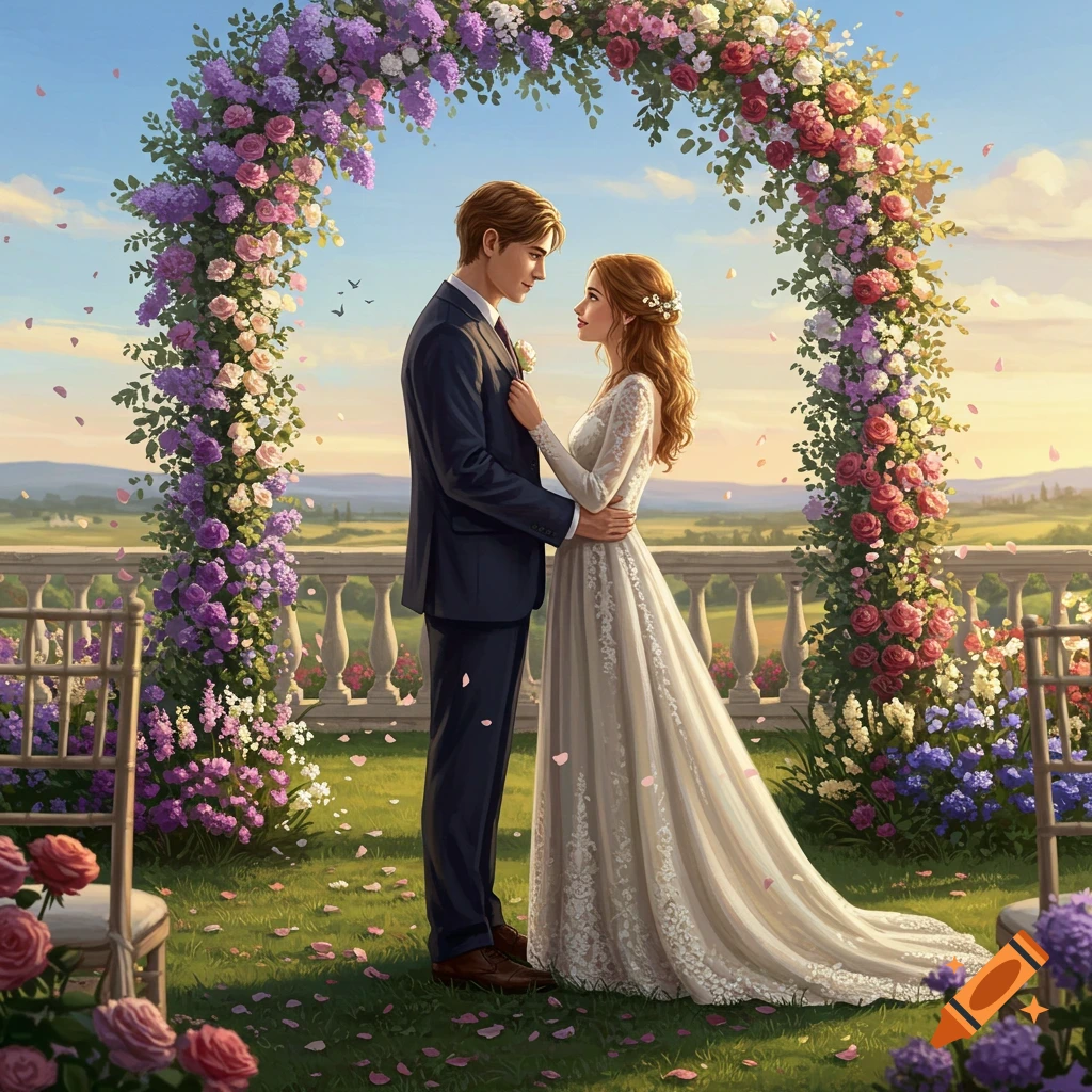 Bride and groom embrace under a lavish floral arch at an outdoor wedding ceremony overlooking a scenic valley at sunset.