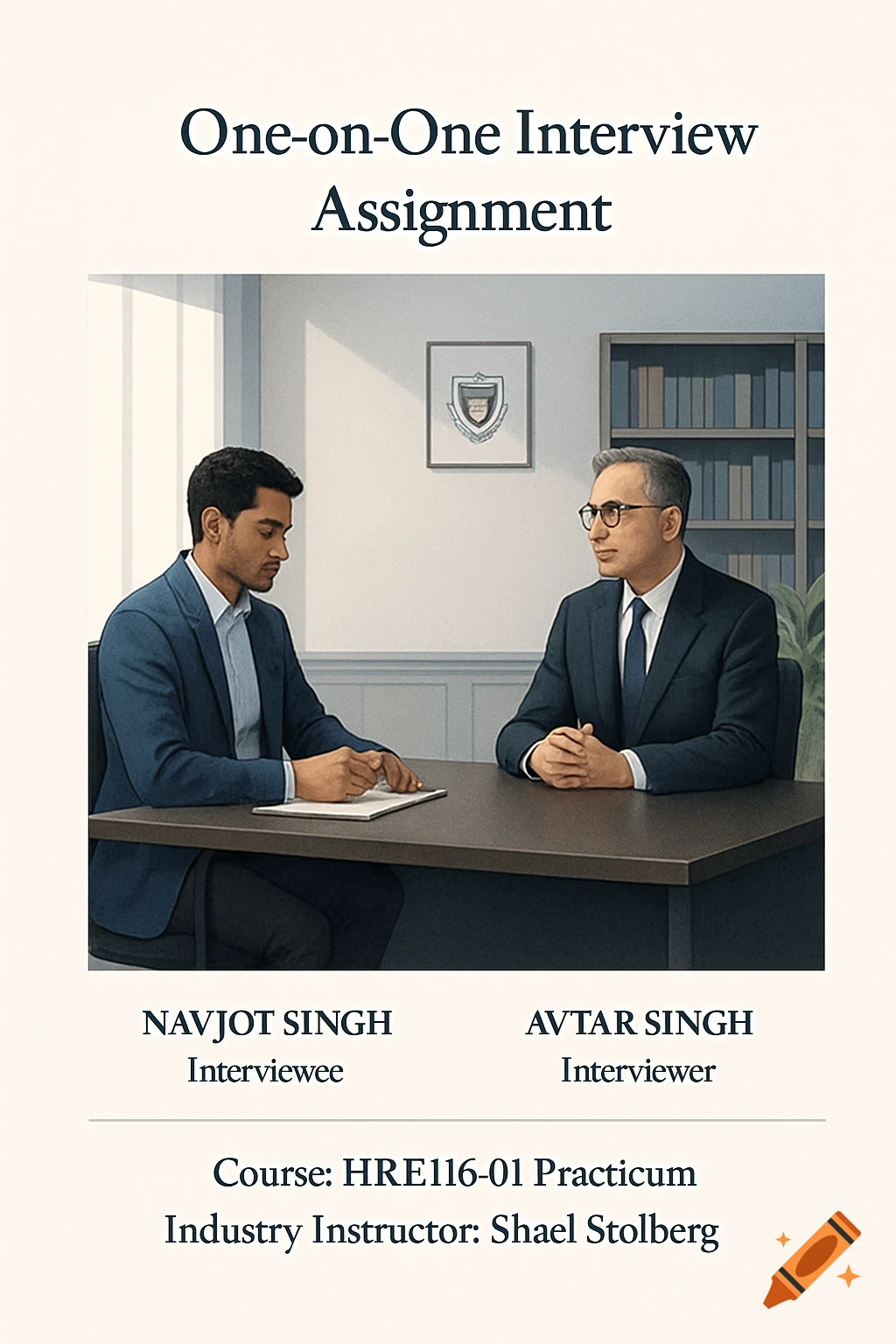 Two men in suits at a desk for a one-on-one interview, with academic assignment text overlay. Professional style.