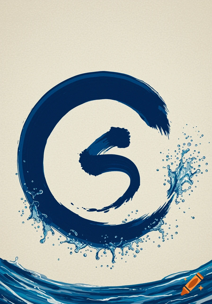 A dark blue enso symbol formed by a brush stroke resembling a breaking wave, with splashes of water on a textured light background.