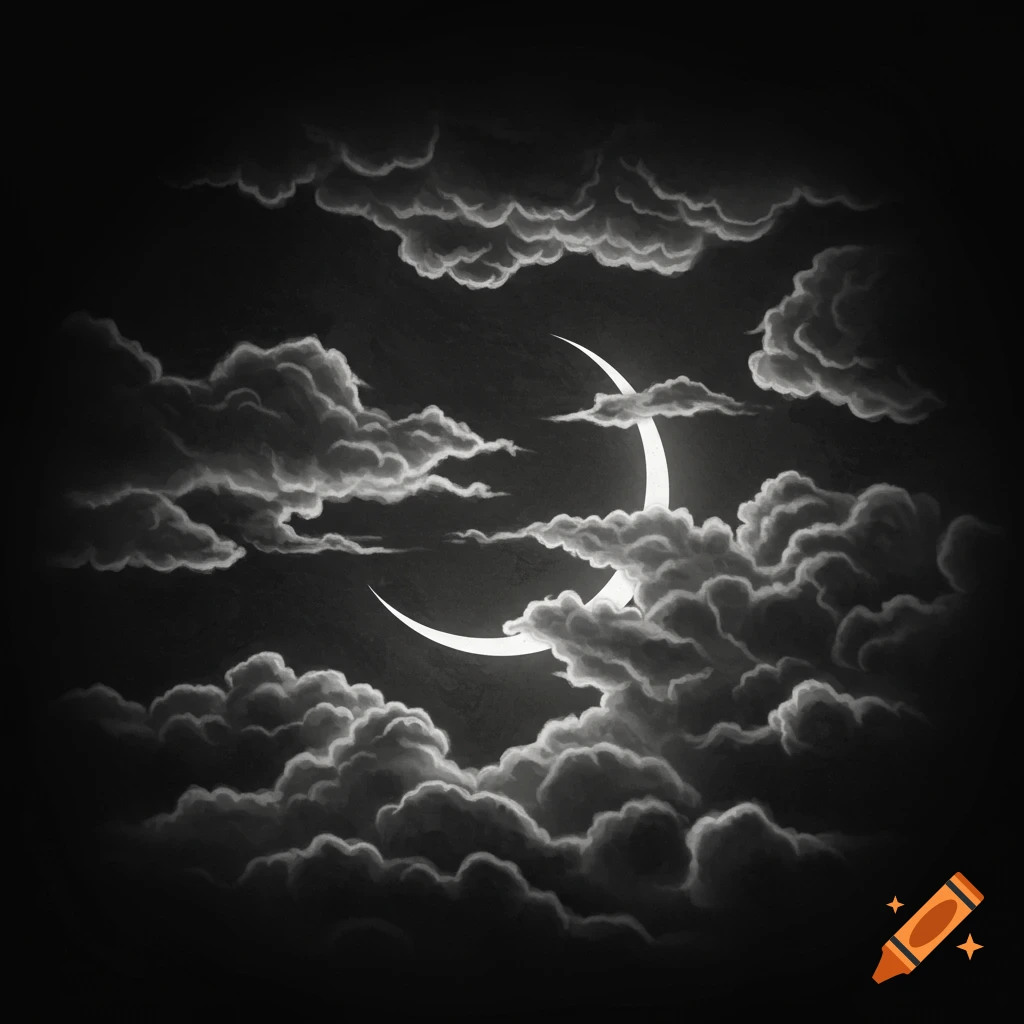 Black and white tattoo-style illustration of a glowing crescent moon partially covered by dark, swirling clouds.