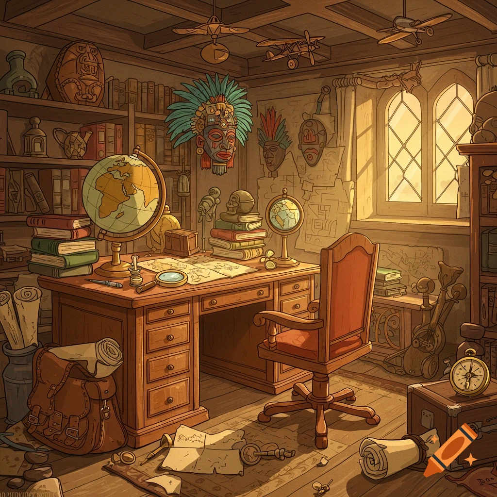 A cluttered 1940s cartoon illustration of an explorer's office with a desk, globe, maps, books, and tribal masks.