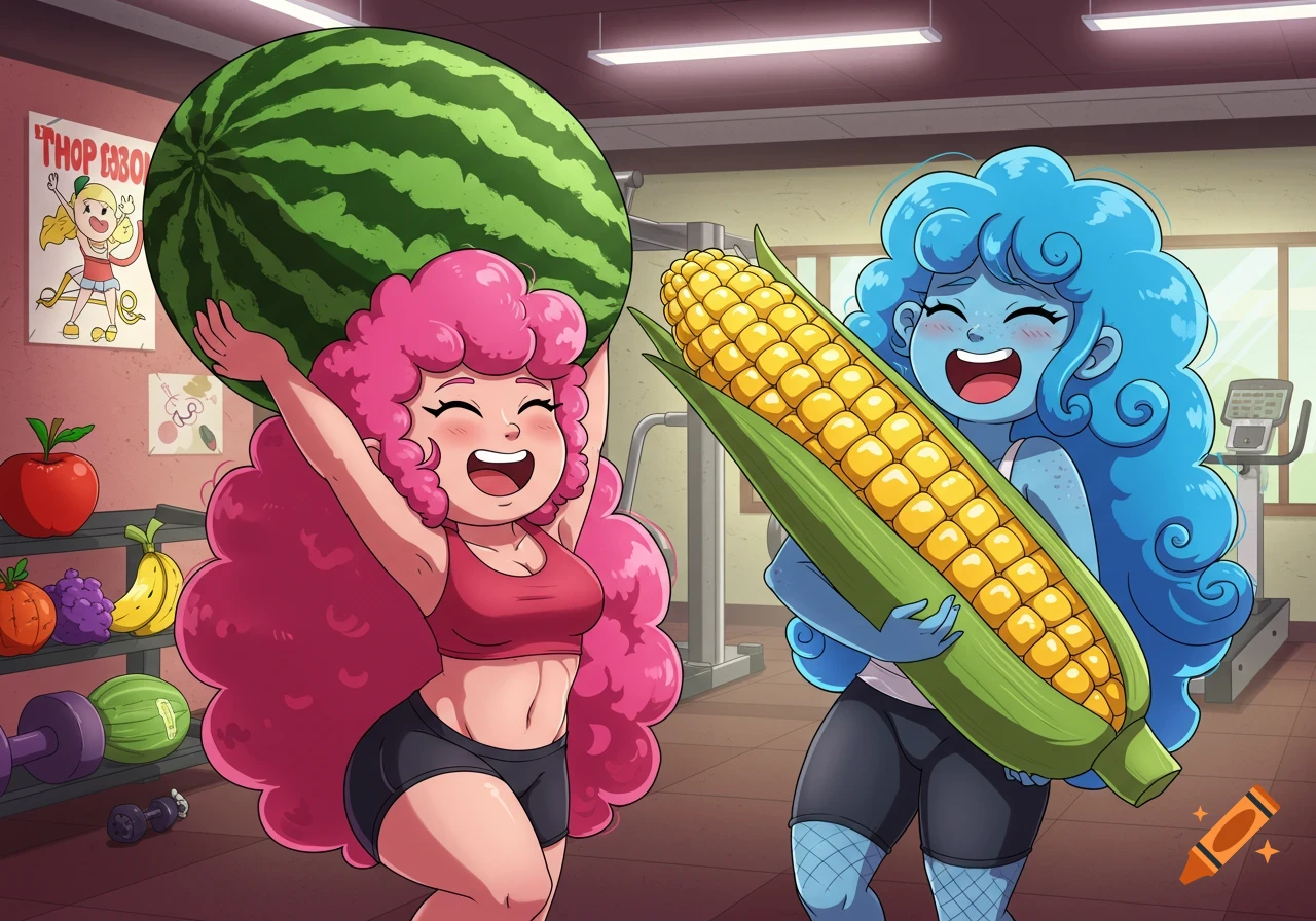 Two cartoon women in a gym. A pink-haired woman lifts a giant watermelon over her head, and a blue-haired woman laughs while holding a giant ear of corn.