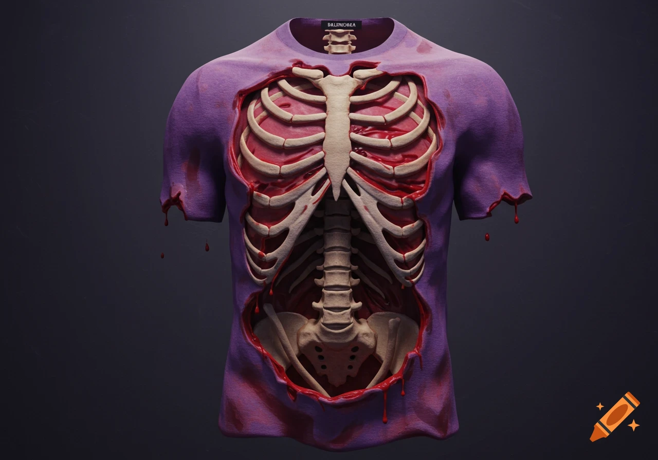 A purple t-shirt ripped open to reveal a detailed human skeleton and bloody internal organs underneath, in a PS1 game style.