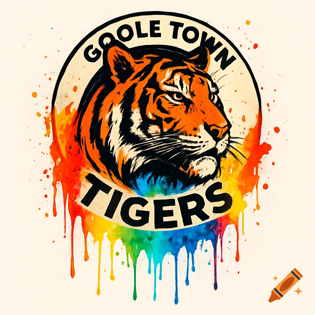 A stylized logo featuring a tiger's head with text 'GOOLE TOWN TIGERS' above and below, surrounded by vibrant dripping rainbow paint.