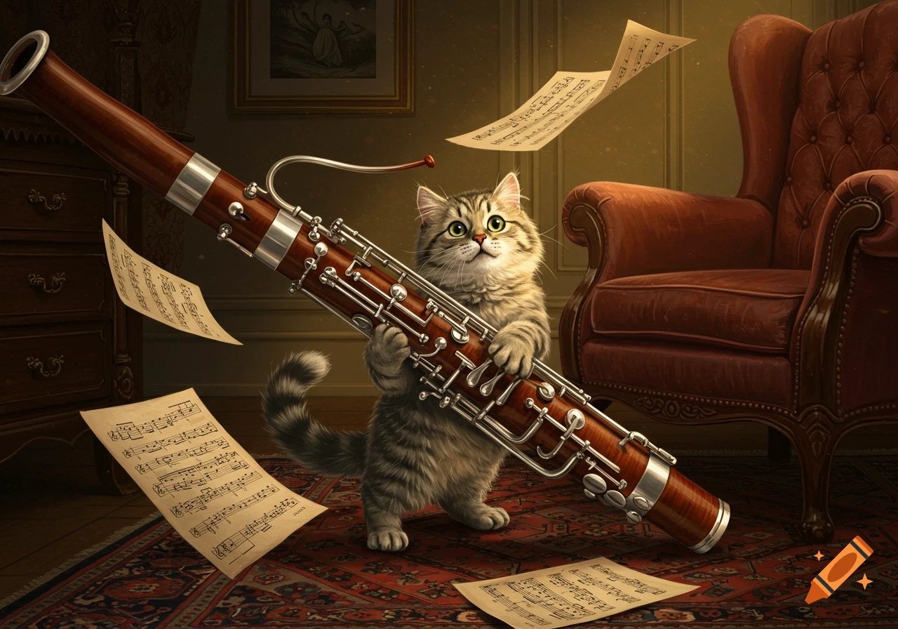 A cute fluffy tabby cat stands in a room, holding a large bassoon as sheets of music float around.