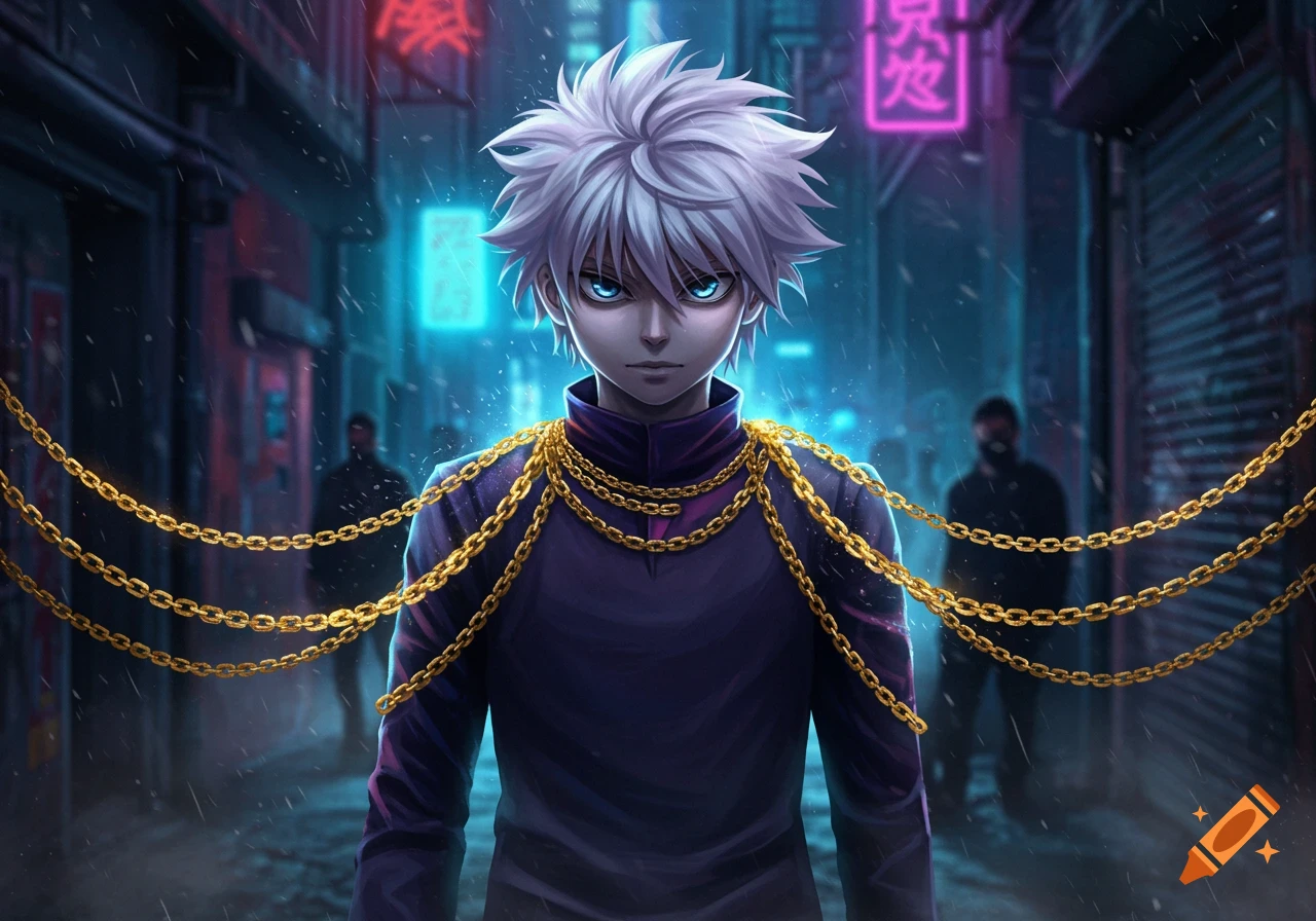 An anime boy with spiky white hair and glowing blue eyes, adorned with gold chains, stands in a dark, rainy city street with neon signs.