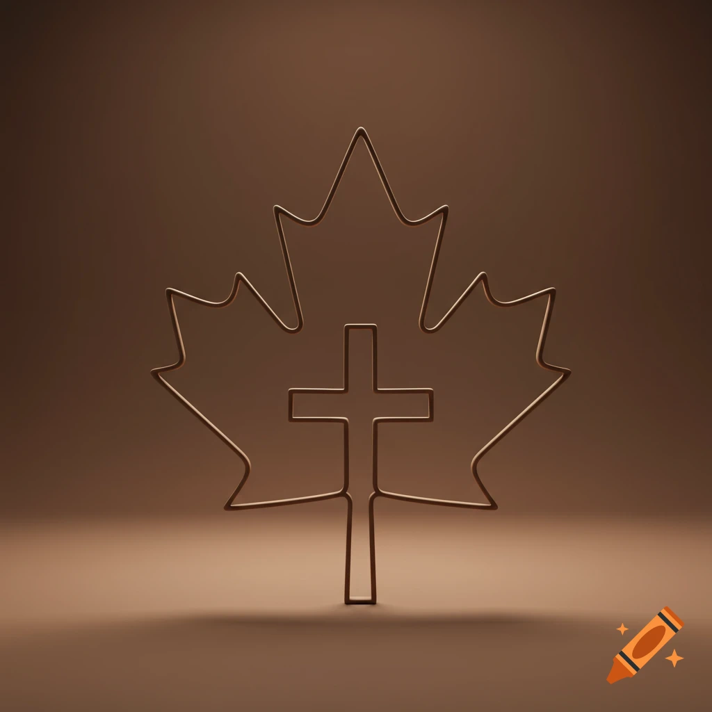 A bronze-colored outline of a Canadian maple leaf with a cross shape overlapping it, set against a warm brown background.