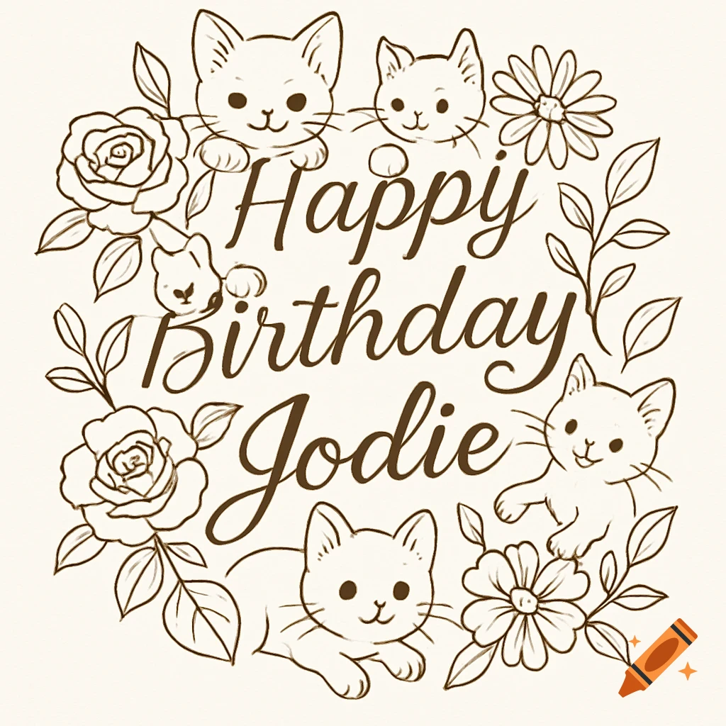 An outline drawing of cute cats and flowers forming a wreath around the text "Happy Birthday Jodie" on a light background.