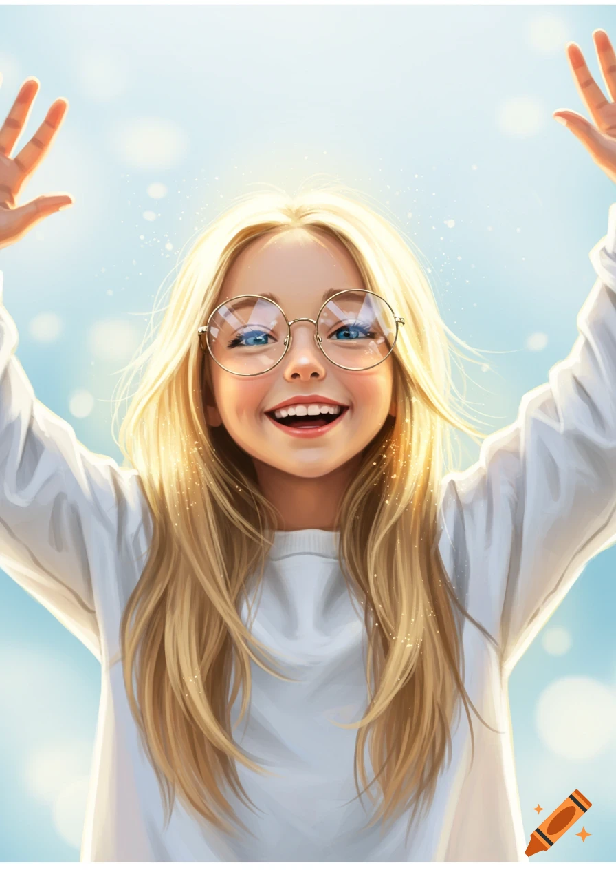 A bright digital illustration of a blonde girl with glasses smiling, looking up with both hands raised, against a light blue sky.