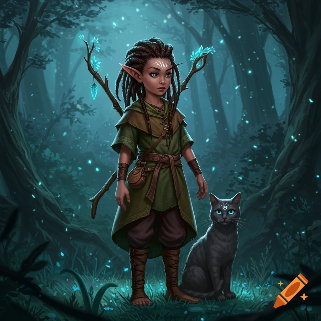 An illustrated fantasy image of an elf-like girl with dreadlocks and a black cat standing in a dark, glowing forest.