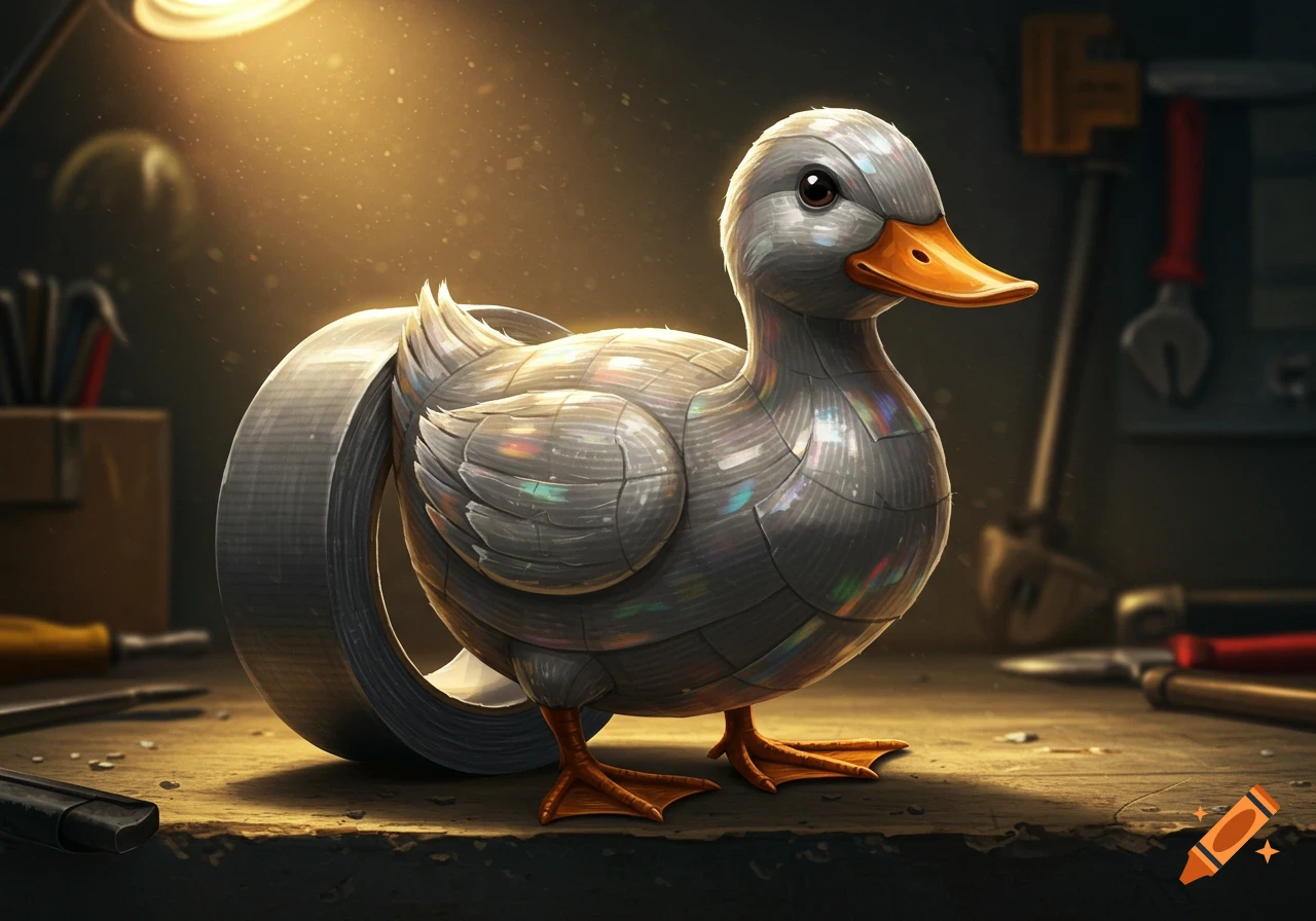 A duck made of shiny metallic tape stands on a wooden workbench in a dimly lit workshop, illuminated by a lamp.