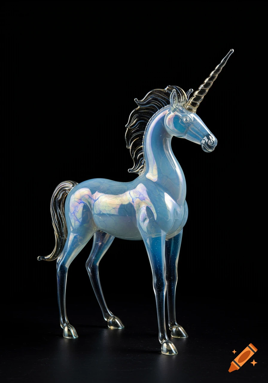 A luminous, light blue Murano glass unicorn with iridescent highlights stands against a black background.