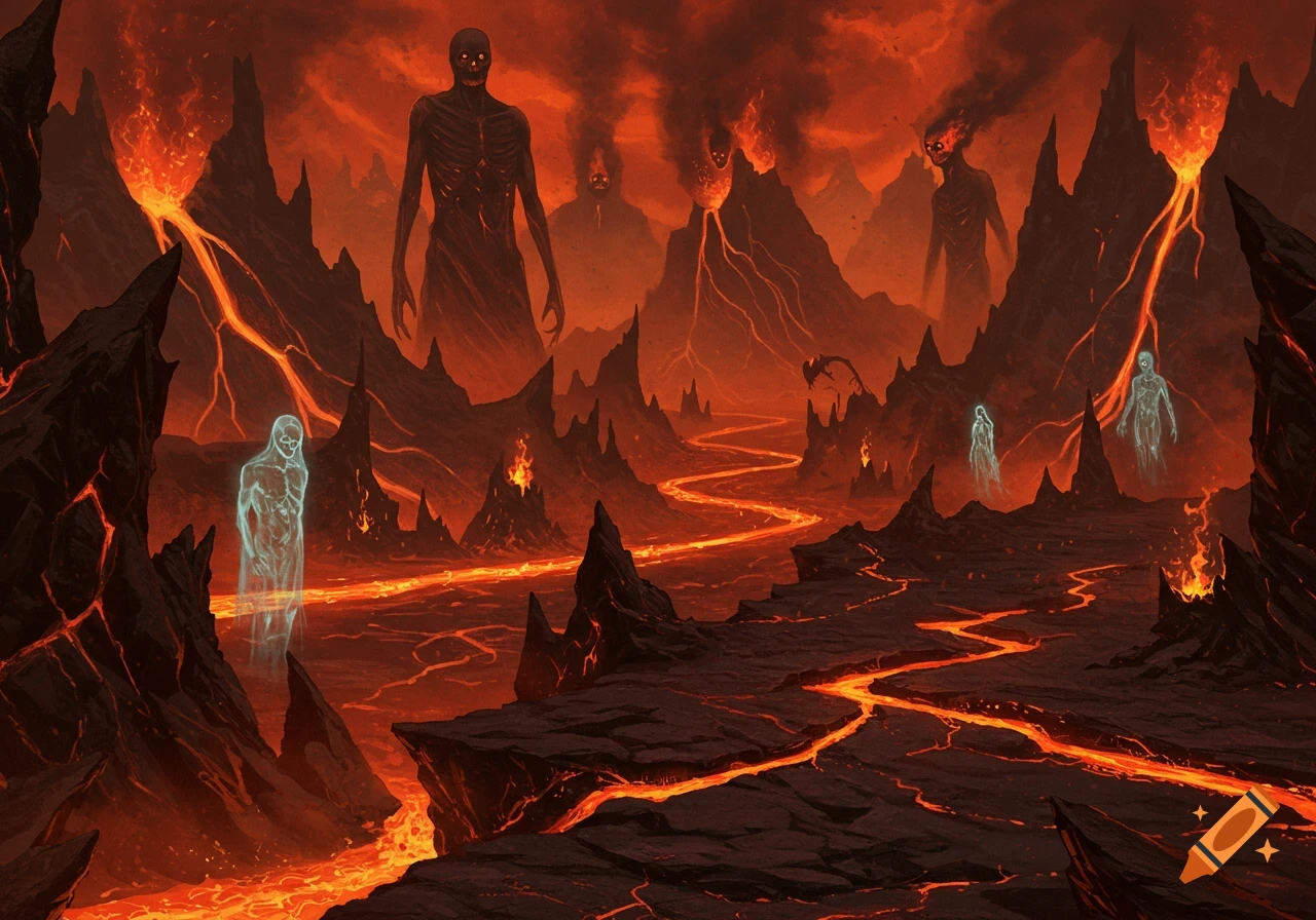 A dark, fiery hellscape with a winding lava river, jagged black rock formations, and several ominous skeletal figures and translucent blue spirits.