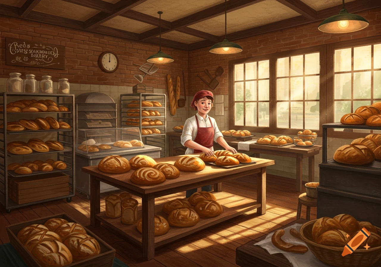 An illustration of a baker in a cozy, sunlit bakery with shelves full of freshly baked bread.