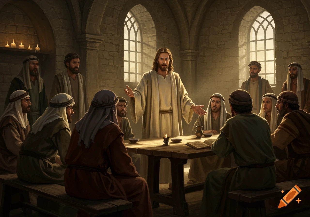 Jesus addresses his disciples seated around a wooden table in a dimly lit stone room, with light streaming through arched windows.