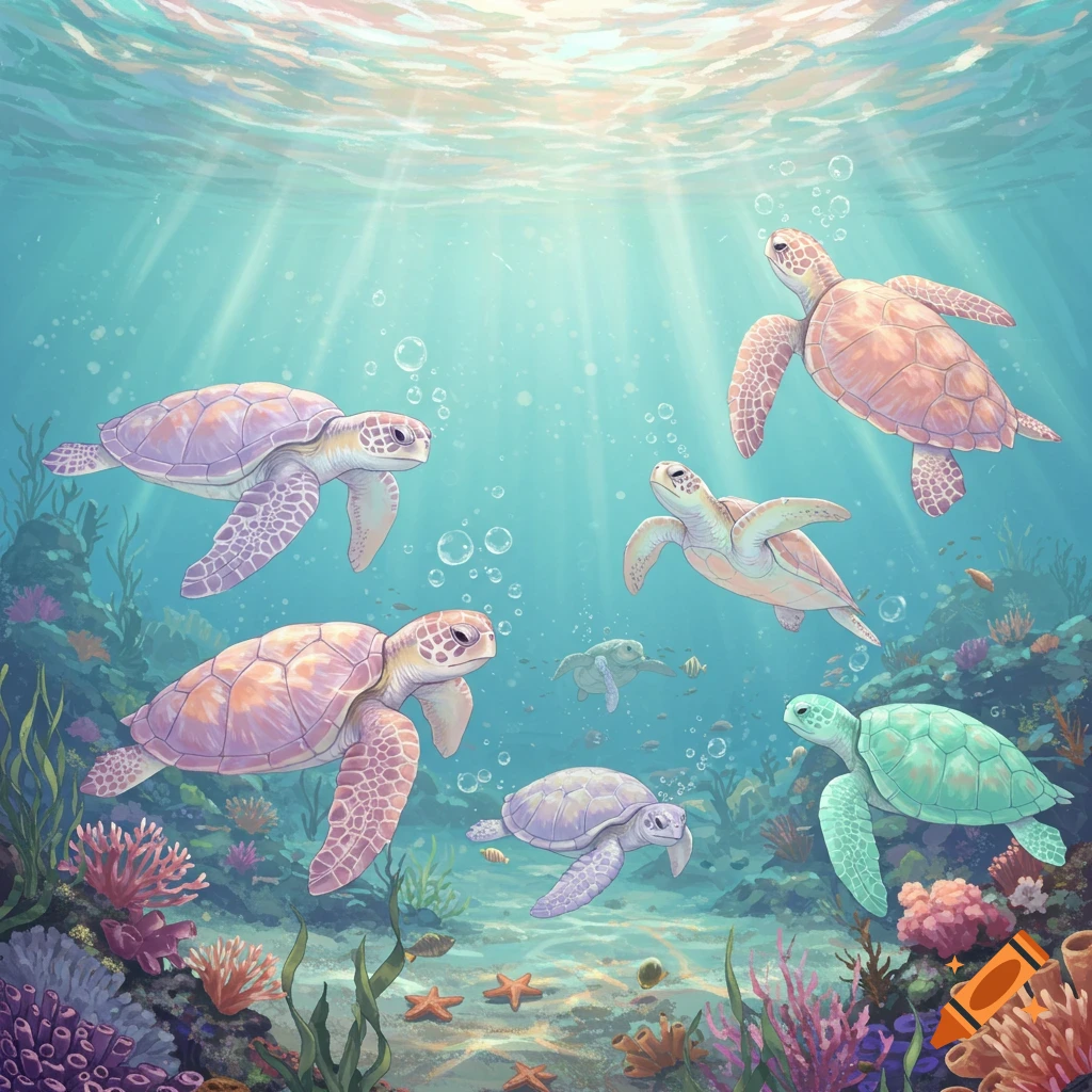 Pastel sea turtles swim among colorful coral reefs in a vibrant underwater illustration.