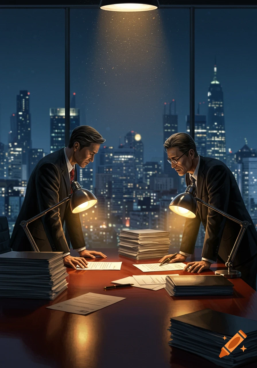 Two businessmen in suits lean over a desk, illuminated by desk lamps, reviewing documents at night with a cityscape in the background.