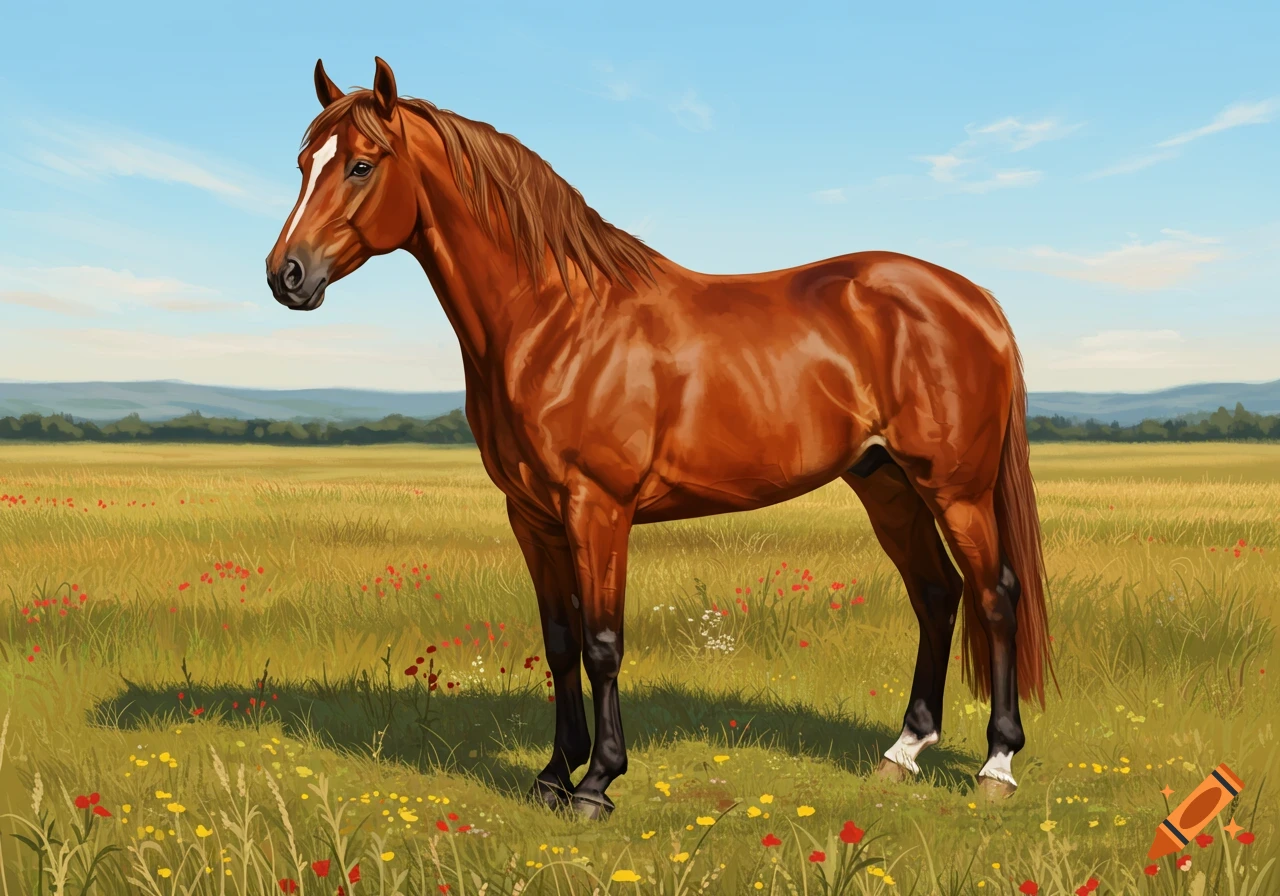 A chestnut horse stands in a grassy field with red and yellow wildflowers under a blue sky.