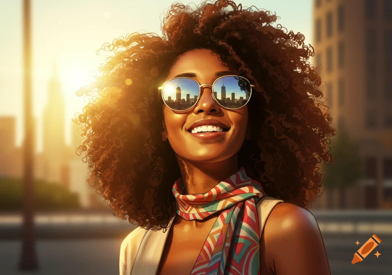 A smiling Black woman with curly hair wearing sunglasses reflecting a city skyline and a colorful scarf in bright sunlight.