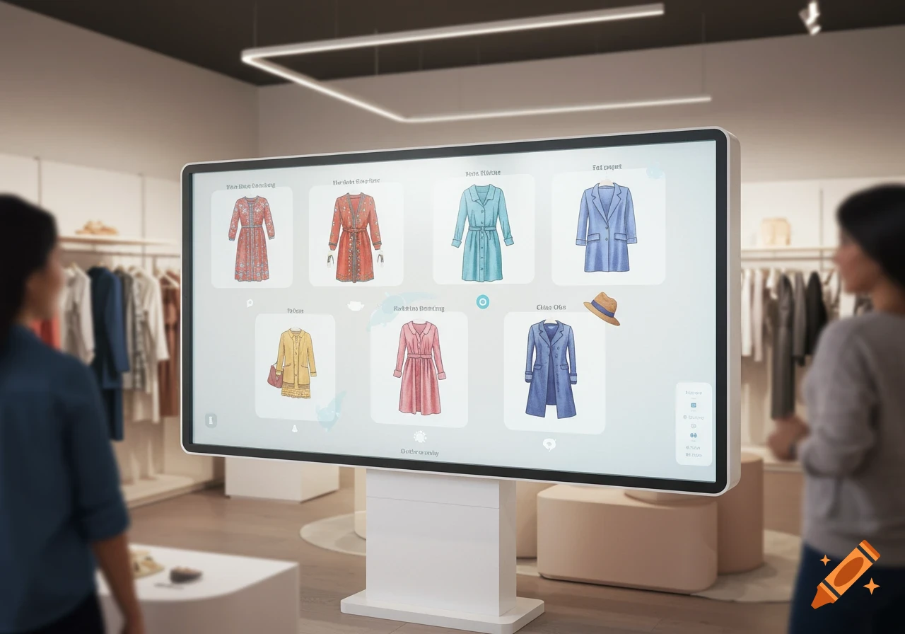 An interactive display in a clothing store shows various drawn dress and coat outfits. Two blurred people observe the screen.