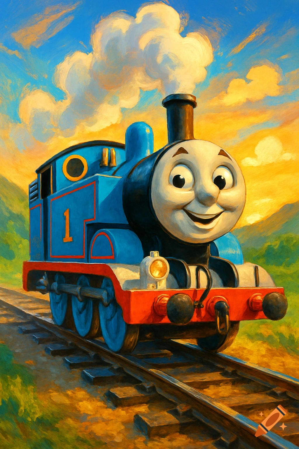 Thomas the Tank Engine smiling on train tracks with a bright, painterly sky.