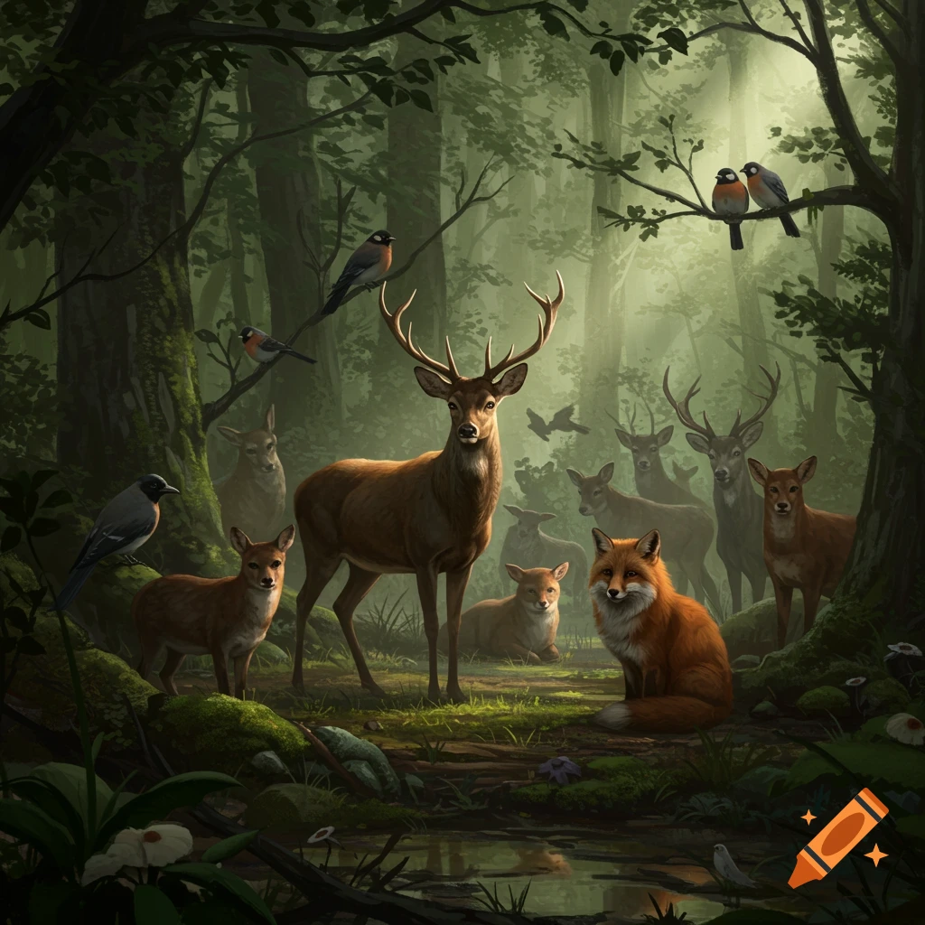 Various forest animals including deer, a fox, and birds gathered in a mystical, misty green forest.