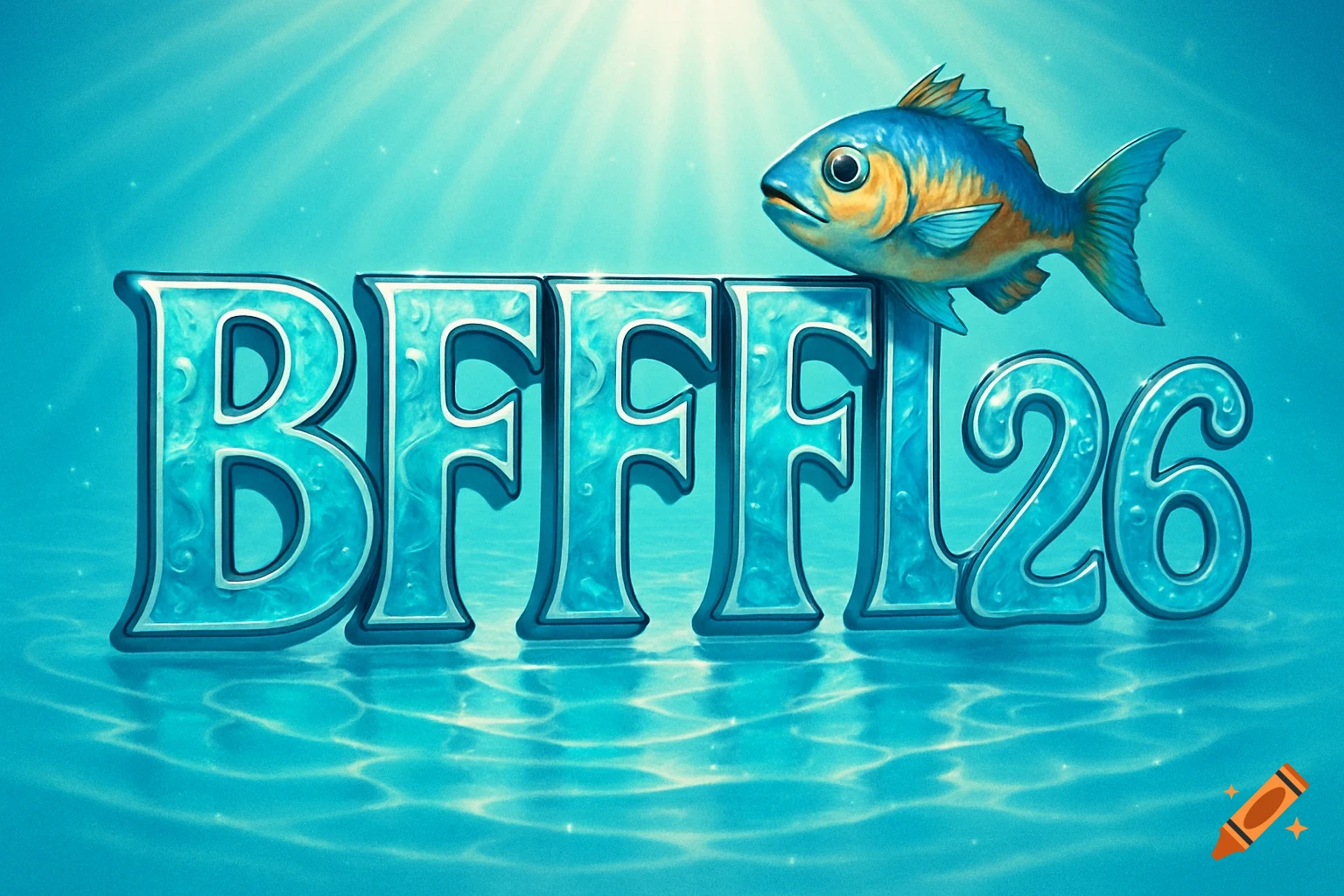 A vibrant blue and orange fish rests on large, shiny, aqua-colored letters that spell "BFFFL26" at the bottom of a sunny ocean.