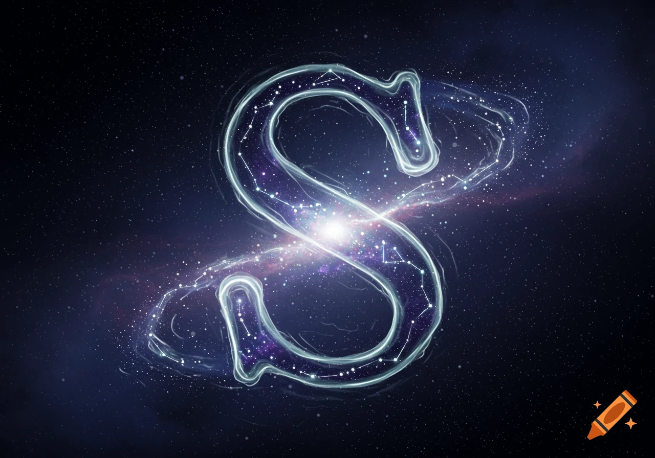 A glowing, luminous letter 'S' formed by stars and nebulae in a cosmic, starry background.