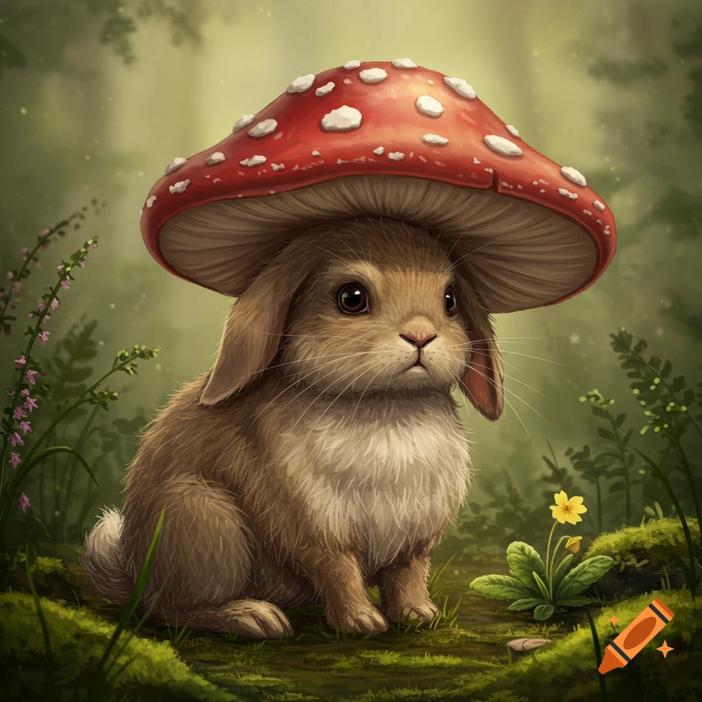 A cute brown bunny wearing a large red mushroom as a hat sits on a mossy forest floor.