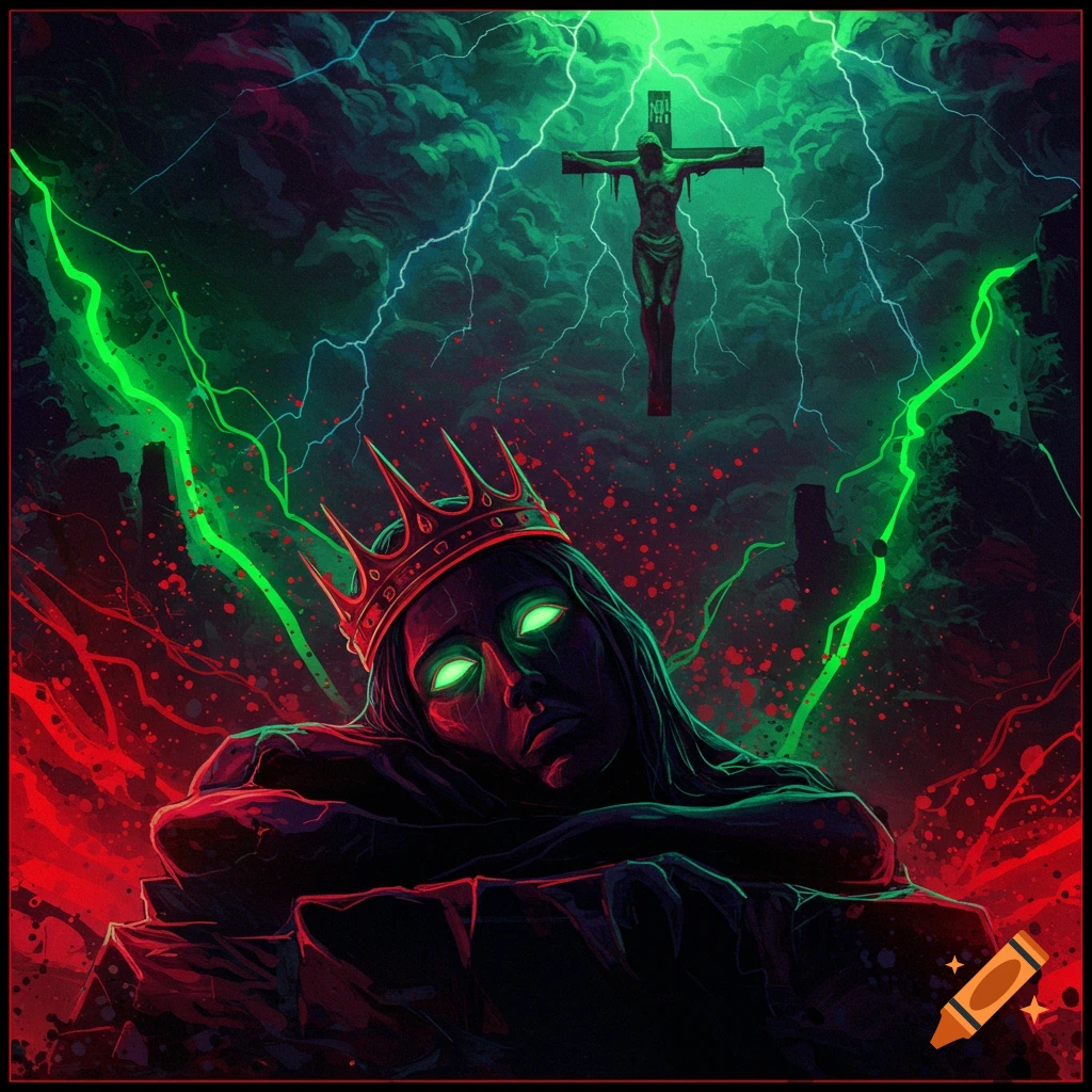 A dark, neon-lit image of a crowned figure resting on stone, gazing at a crucified silhouette under green lightning in a surreal, nightmarish style.