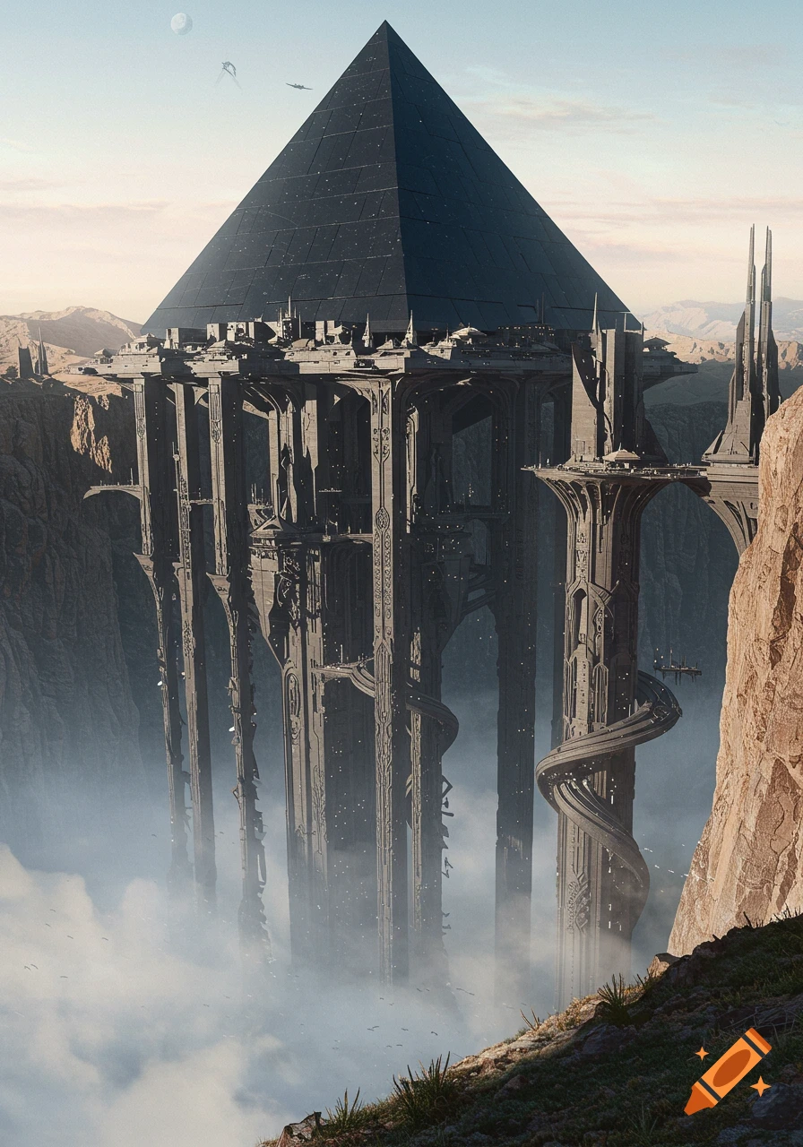A vast, dark pyramid structure sits atop intricate, towering pillars extending into mist from a desert cliff, with distant flying vehicles and a moon.