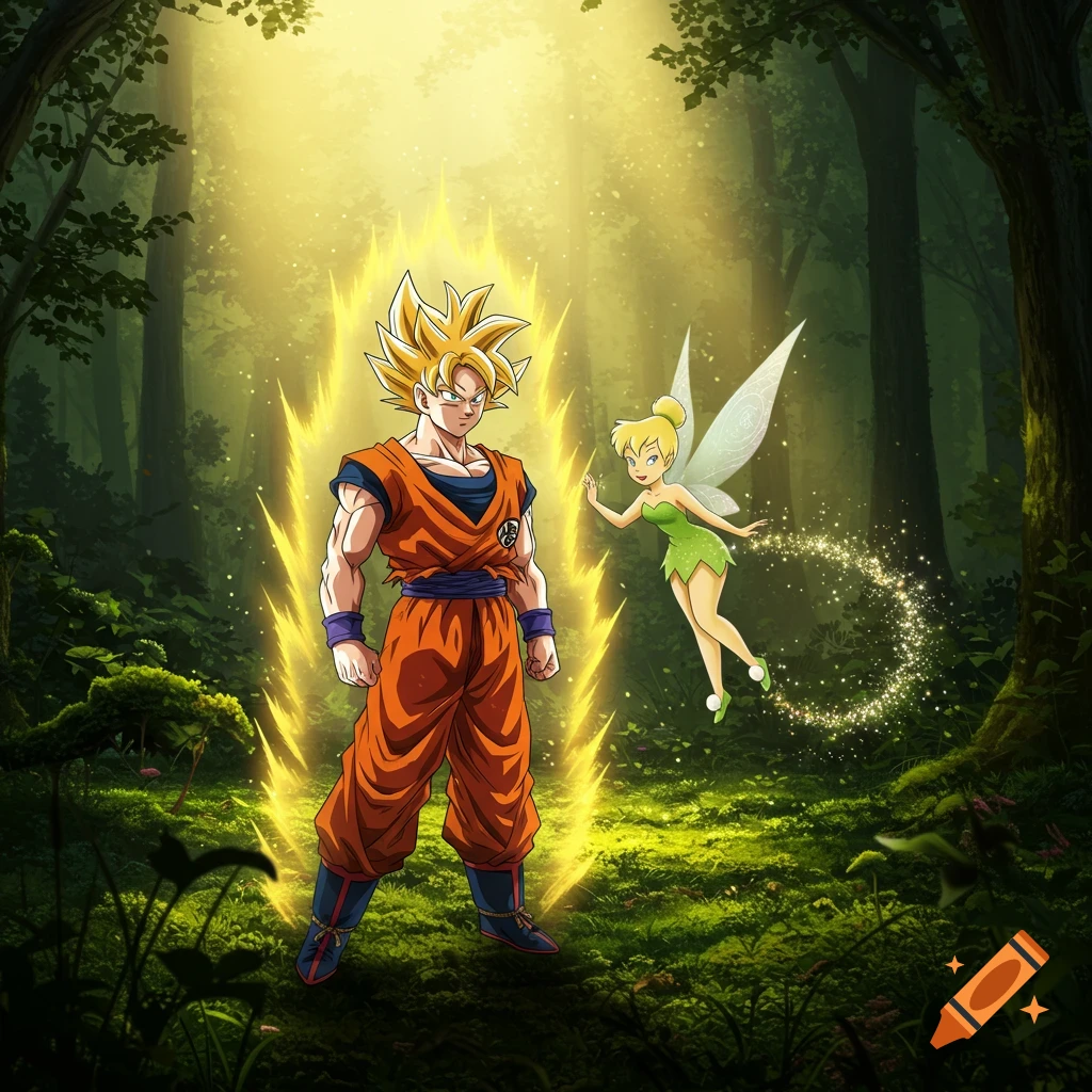 Goku from Dragon Ball Z stands with a glowing yellow aura in a magical forest, while Tinker Bell flies beside him leaving a trail of pixie dust in an anime style.