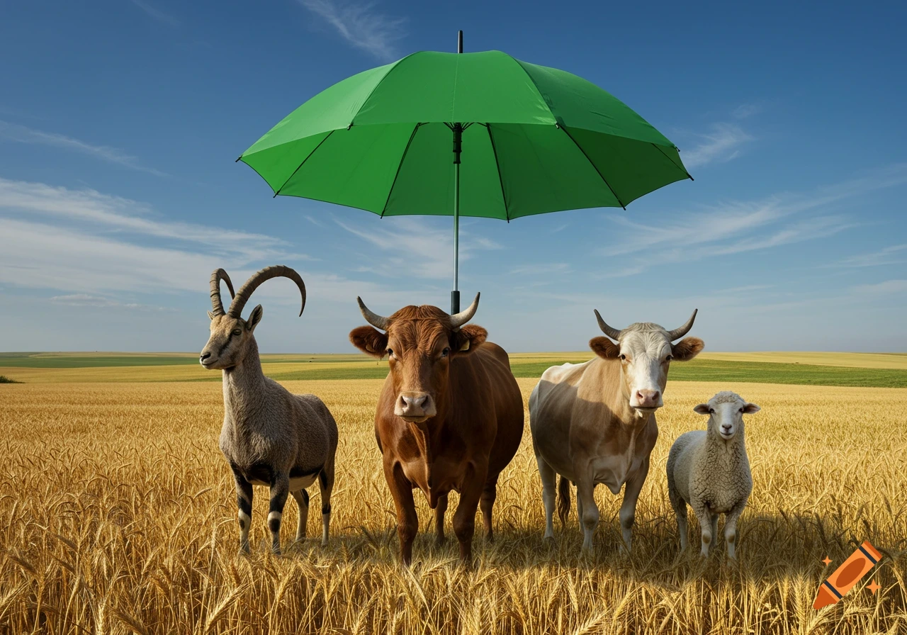 A green umbrella shelters an ibex, a brown cow, a light-colored cow, and a sheep standing in a golden wheat field under a blue sky.
