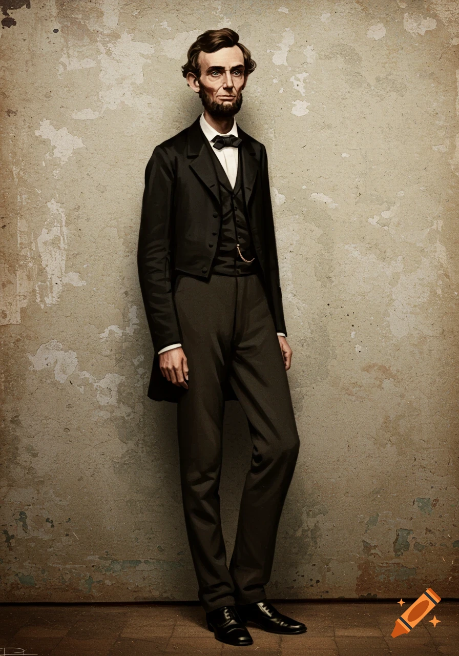Stylized full body portrait of a young, beardless Abraham Lincoln in a formal suit, standing against a textured plaster wall.
