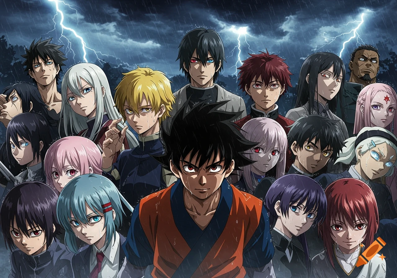 A large group of diverse anime characters with serious expressions stand in the rain under a stormy sky with lightning.